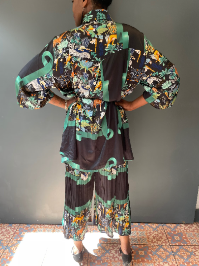 Florida Two piece blouse and pleated culottes one size with floral green and leopard detail