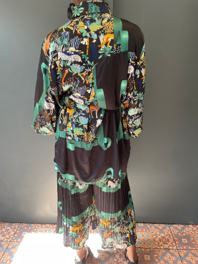 Florida Two piece blouse and pleated culottes one size with floral green and leopard detail