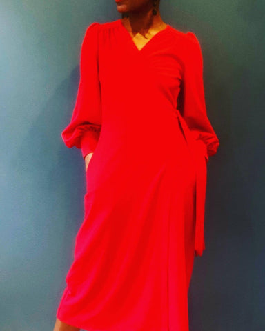 Ossie Wrap Dress with pockets in Red Crepe