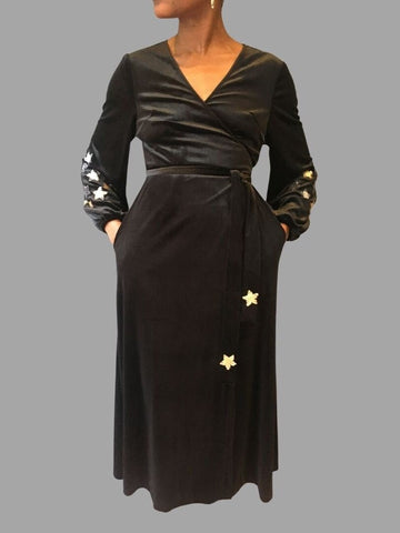 Babooska Black Wrap Velvet stretch Dress with Sequinned Star Details - One Size