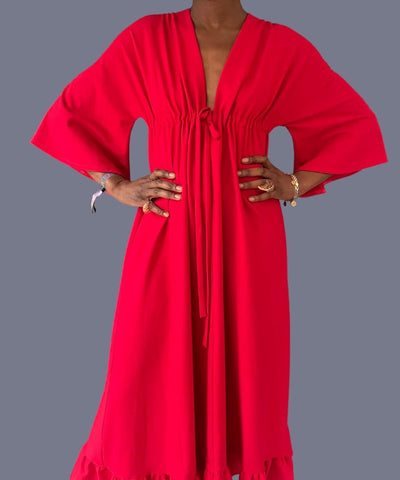 Madame B maxi dress in red crepe with pockets