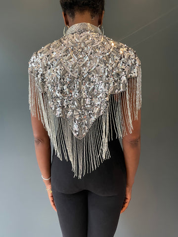 Cleo silver sequin fringed cape one size reversable