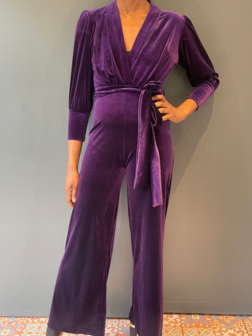 Dancing Queen purple Velvet Jumpsuit with wide leg and belt