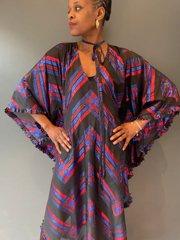 Vincent Kaftan in lurex blue and red chiffon one size fits all