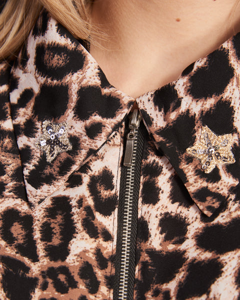Leopard Print Bomber Jacket with Stars