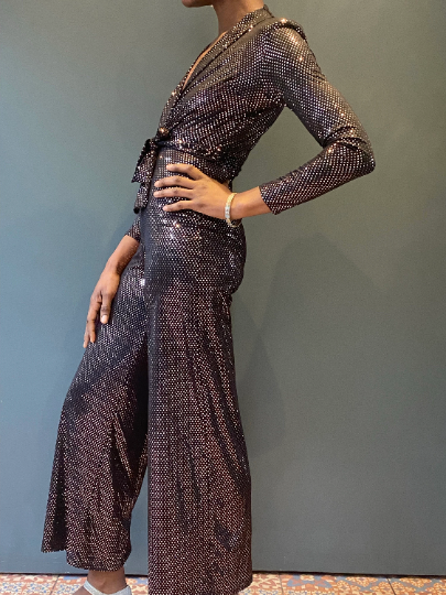 Dancing Queen Black Jumpsuit with Brown Circle Sequins - Long Sleeves