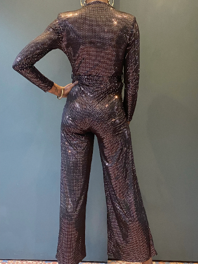 Dancing Queen Black Jumpsuit with Brown Circle Sequins - Long Sleeves